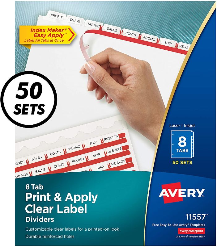 Photo 1 of Avery Index Maker Clear Label Dividers, 8.5 x 11 Inch, 8 Tab, White Tab, 50 Sets (11557)
