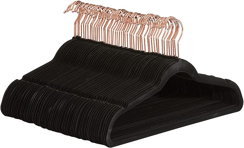 Photo 1 of Amazon Basics Slim, Velvet, Non-Slip Suit Clothes Hangers, Black/Rose Gold - Pack of 50