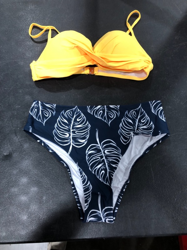 Photo 2 of CUPSHE Yellow Twist-Front And Palm Print High Waisted Bikini (L)
