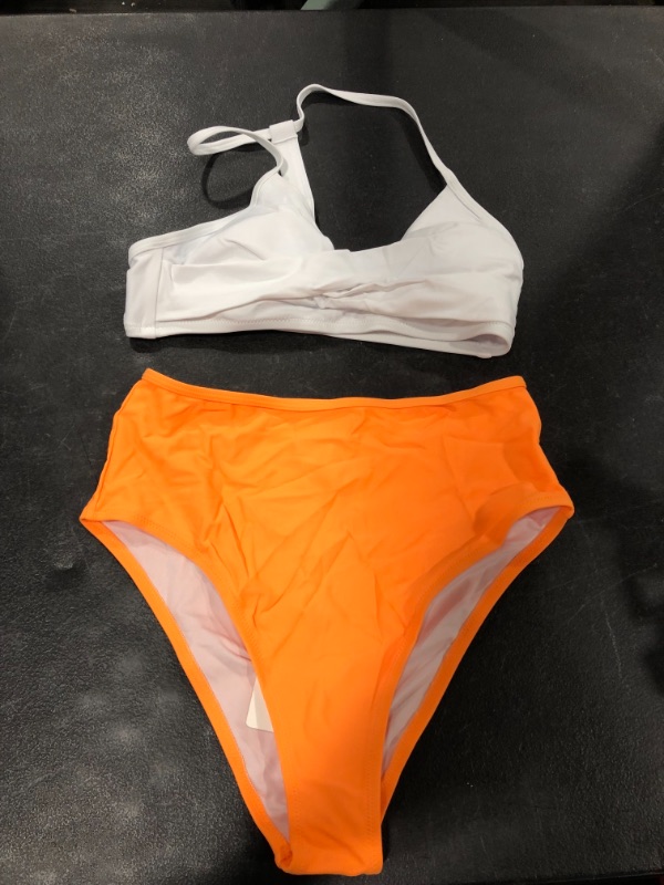 Photo 2 of CUPSHE Solid White Bikini With Orange High Waisted Bottom (S)
