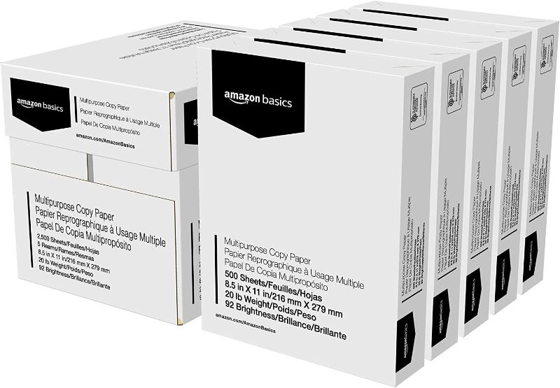 Photo 1 of Amazon Basics Multipurpose Copy Printer Paper - White, 8.5 x 11 Inches, 5 Ream Case 