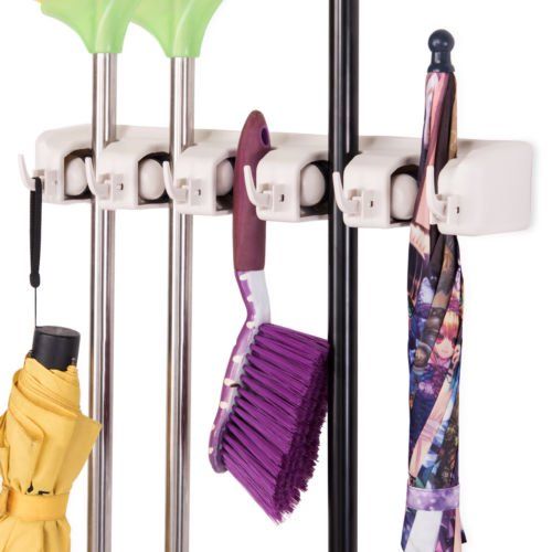 Photo 1 of Costway White Wall Mounted Mop & Broom 5 Position Hanger, Kitchen Storage
