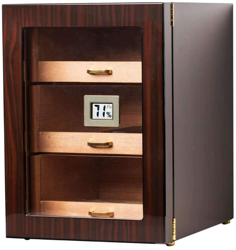 Photo 1 of Woodronic Handmade Cigar Humidor Cabinet with Digital Hygrometer for 100 to 150 Counts, Spanish Cedar Lined Cigar Box with 3 Larger Drawers and 2 Humidifiers