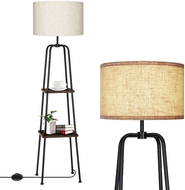 Photo 1 of DEWENWILS 60 inch Modern Black Floor Lamp with Shelves, Reading Lamp with Beige Linen Drum Shade, Standing Storage Lamp with Wood Display Shelf, for Living Room, Bedroom, Office
