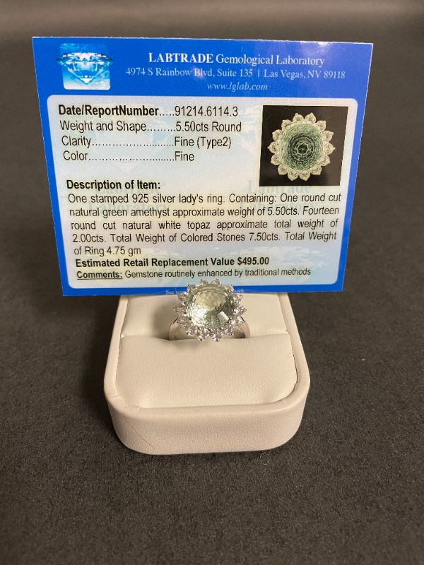 Photo 1 of ONE STAMPED 925 SILVER AND NATURAL GREEN AMETHYST WITH WHITE TOPAZ LADY'S RING SIZE 9