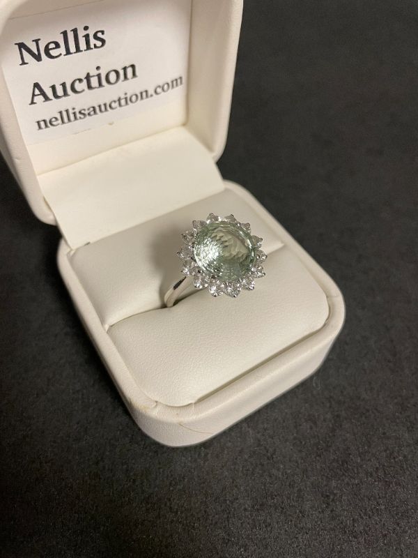 Photo 2 of ONE STAMPED 925 SILVER AND NATURAL GREEN AMETHYST WITH WHITE TOPAZ LADY'S RING SIZE 9