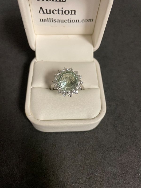 Photo 3 of ONE STAMPED 925 SILVER AND NATURAL GREEN AMETHYST WITH WHITE TOPAZ LADY'S RING SIZE 9