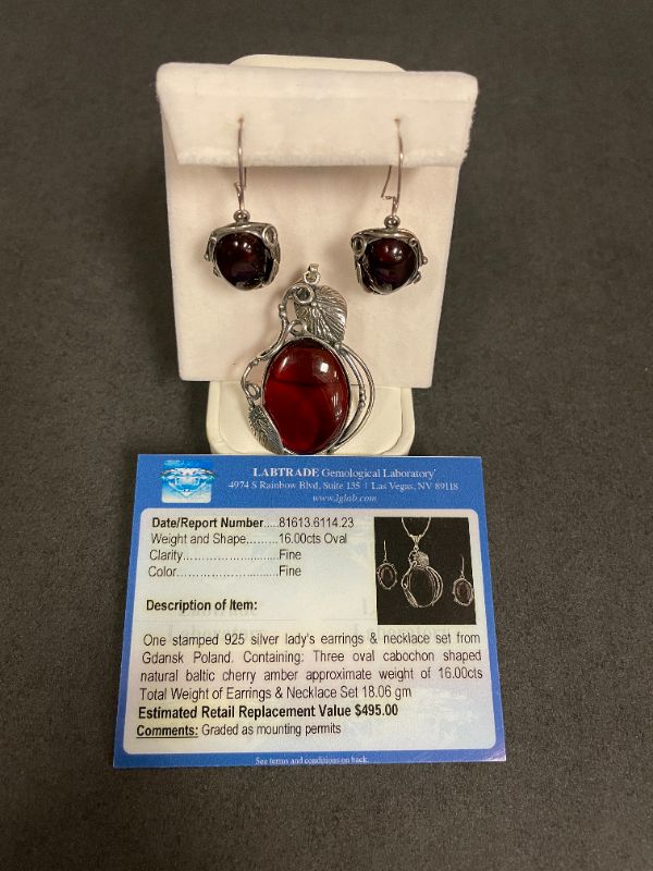 Photo 2 of ONE STAMPED 925 SILVER LADY'S EARRINGS & NECKLACE SET FROM GDANSK POLAND.  