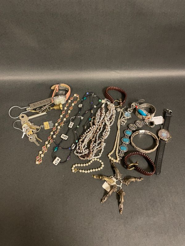 Photo 1 of BAG LOT OF COSTUME JEWELRY, MISC KEYS AND WATCHES