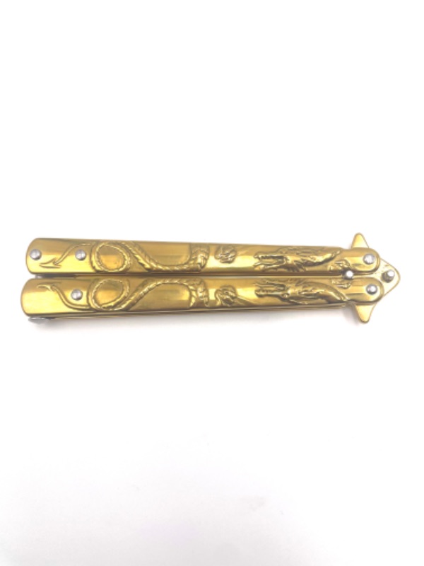 Photo 2 of 4 INCH BLADE GOLD DRAGON BUTTERFLY KNIFE NEW 