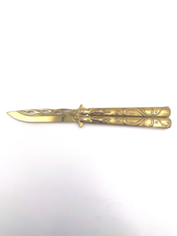 Photo 1 of 4 INCH BLADE GOLD DRAGON BUTTERFLY KNIFE NEW 