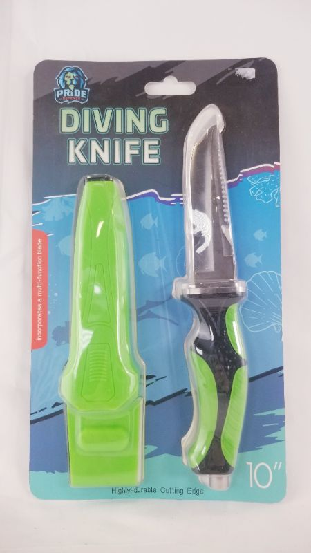 Photo 1 of GREEN DIVING KNIFE WITH HOLSTER THAT LOOPS ON BELT 10 INCH 4.5 INCH BLADE NEW 