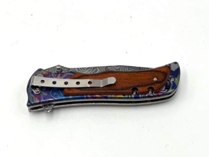 Photo 3 of OIL SLICK AND SILVER POCKET KNIFE WITH WOODEN DETAIL NEW