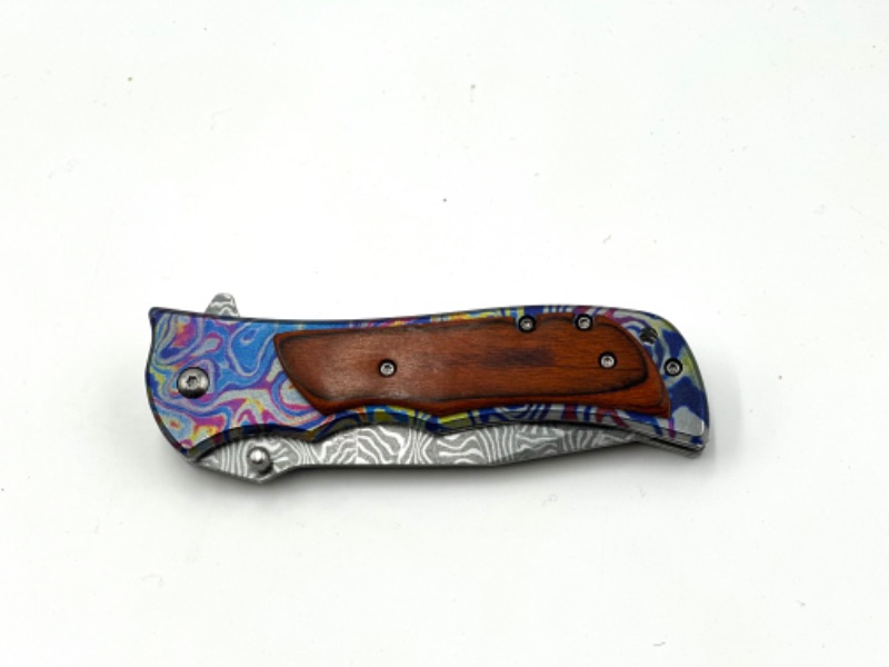 Photo 2 of OIL SLICK AND SILVER POCKET KNIFE WITH WOODEN DETAIL NEW