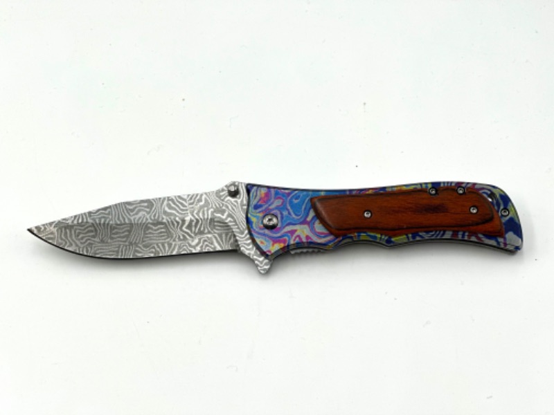 Photo 1 of OIL SLICK AND SILVER POCKET KNIFE WITH WOODEN DETAIL NEW