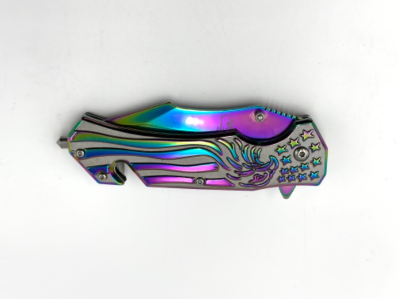Photo 3 of OIL SLICK STARS AND STRIPES FALCON POCKET KNIFE WITH WINDOW BREAKER AND SEAT BELT CUTTER NEW