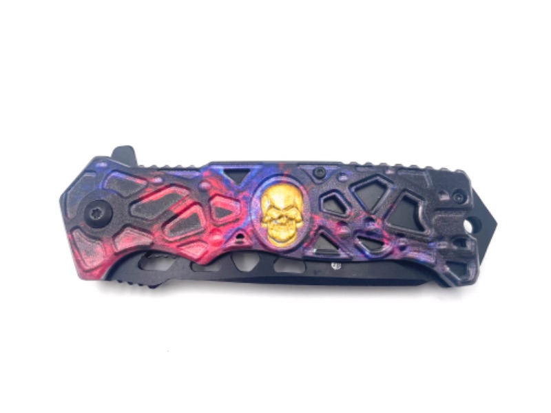 Photo 1 of PURPLE RED BLACK LIGHTNING DESIGN WITH SKULL POCKET KNIFE NEW 