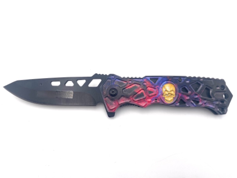 Photo 2 of PURPLE RED BLACK LIGHTNING DESIGN WITH SKULL POCKET KNIFE NEW 