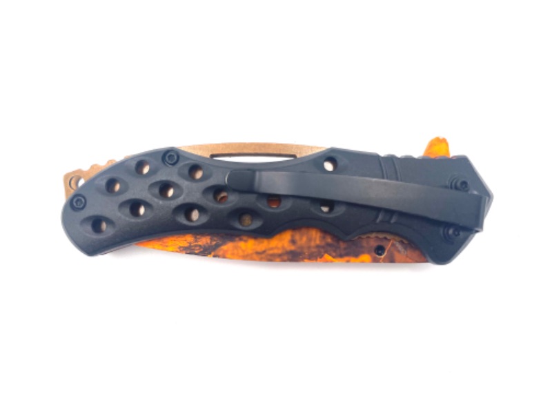 Photo 3 of BLACK WITH ORANGE CAMO BLADE POCKET KNIFE NEW 