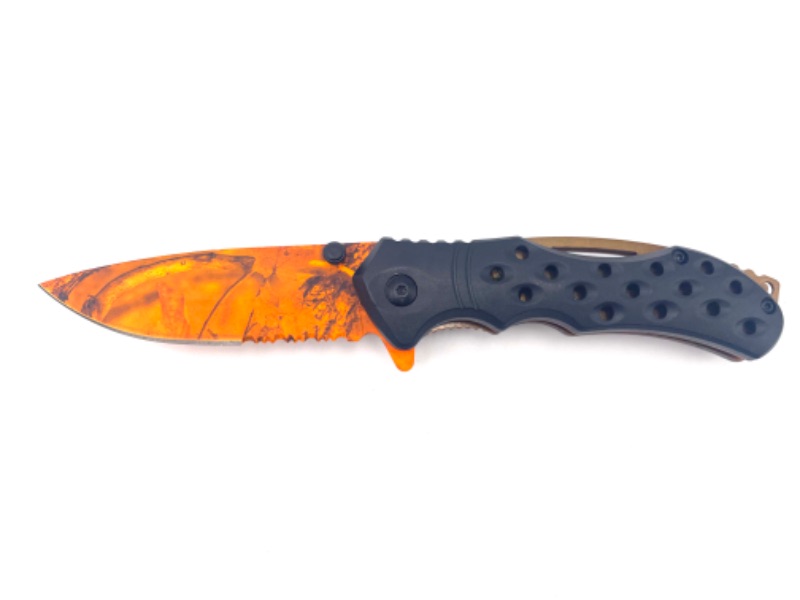 Photo 2 of BLACK WITH ORANGE CAMO BLADE POCKET KNIFE NEW 