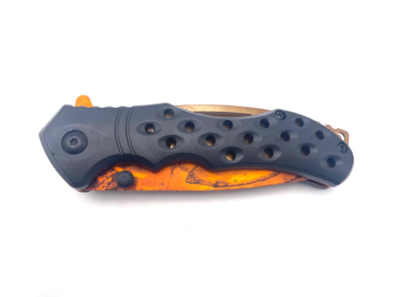 Photo 1 of BLACK WITH ORANGE CAMO BLADE POCKET KNIFE NEW 