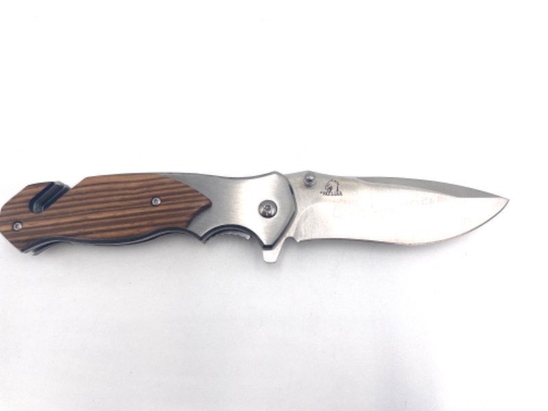 Photo 2 of SILVER AND WOOD PRINT POCKET KNIFE WITH WINDOE BREAKER AND SEATBELT CUTTER NEW