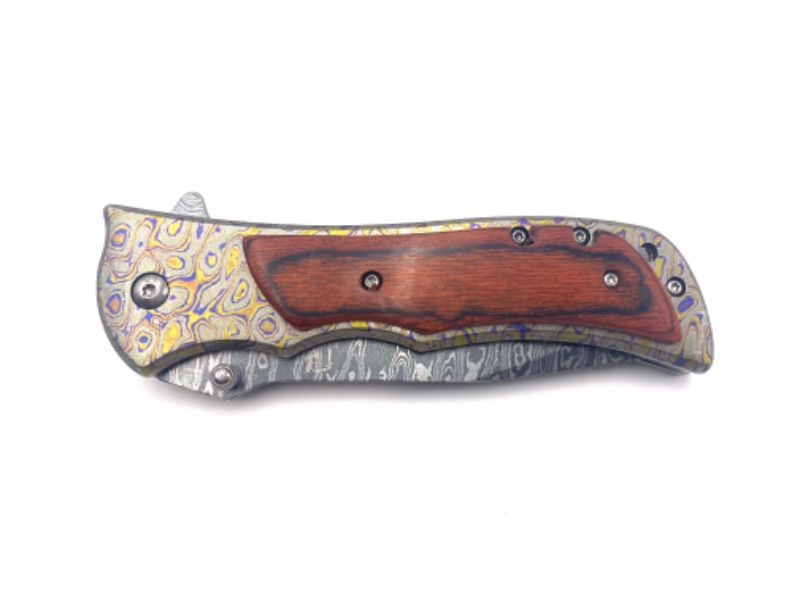 Photo 1 of WOOD HANDLE PRINT WITH SWIRL DESIGN POCKET KNIFE NEW 