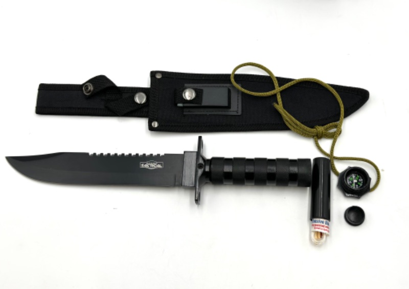 Photo 1 of 8 INCH TACTICAL BLACK KNIFE WITH SURVIVAL KIT COMPASS AND SHARPENING STONE NEW