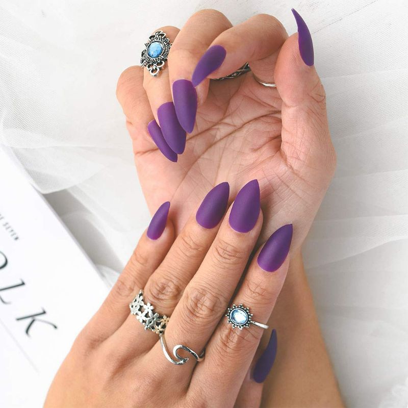 Photo 2 of Sethexy Matte False Nails Frosted Stiletto Medium Full Cover Nails Sharp Long Acrylic Fake Nail Tips for Women and Girls (Purple)