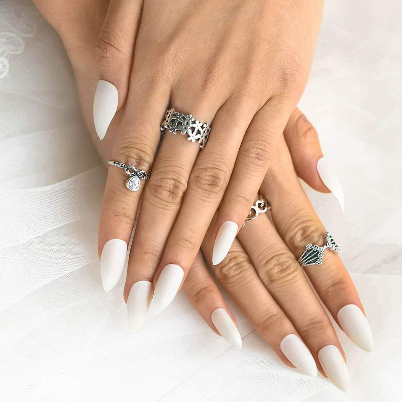 Photo 1 of Sethexy Matte False Nails Frosted Stiletto Medium Full Cover Nails Sharp Long Acrylic Fake Nail Tips for Women and Girls  (Beige White)