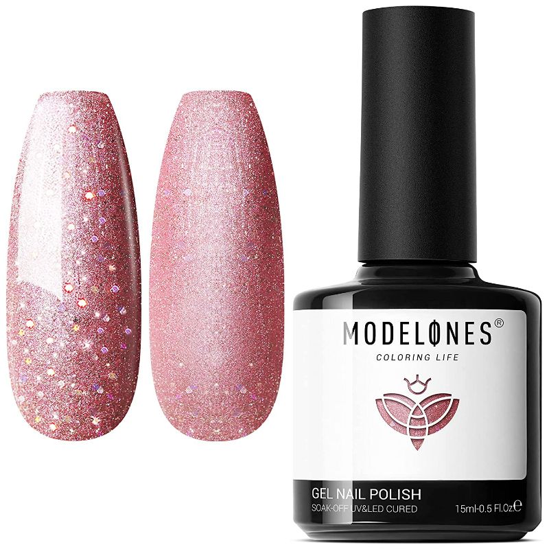 Photo 1 of Modelones Gel Polish, 15ML Rose Pink Glitter Gel Polish Soak Off LED Holiday Color Gel Professional Salon Manicure Home DIY, 0.5 Fl Ounce