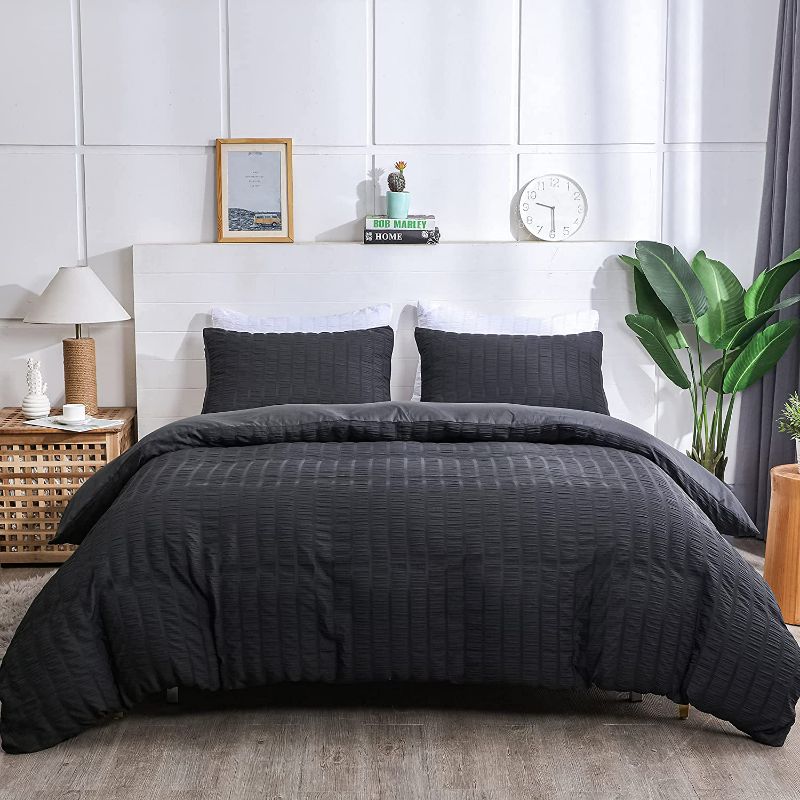 Photo 1 of AveLom Seersucker Duvet Cover Set Queen Size (90 x 90 inches), 3 Pieces (1 Duvet Cover, 2 Pillow Cases), Light Gray Ultra Soft Washed Microfiber, Textured Duvet Cover with Zipper Closure, Corner Ties