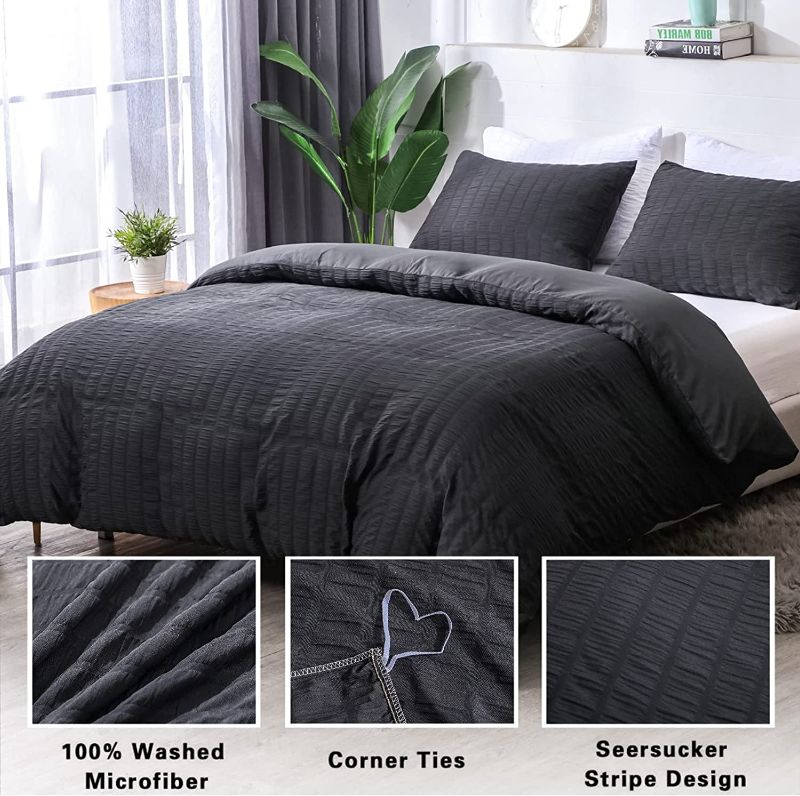 Photo 2 of AveLom Seersucker Duvet Cover Set Queen Size (90 x 90 inches), 3 Pieces (1 Duvet Cover, 2 Pillow Cases), Light Gray Ultra Soft Washed Microfiber, Textured Duvet Cover with Zipper Closure, Corner Ties