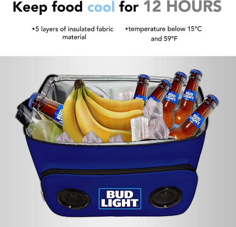 Photo 2 of Bud Light Soft Cooler Bluetooth Speaker Portable Travel Cooler with Built in Speakers BudLight Wireless Speaker Cool Ice Pack Cold Beer Stereo for Apple iPhone, Samsung Galaxy