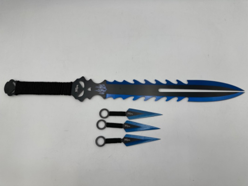 Photo 1 of 17 IN TACTICAL MASTER NINJA SWORD INCLUDING 3 THROWING KNIVES AND SHEATH NEW