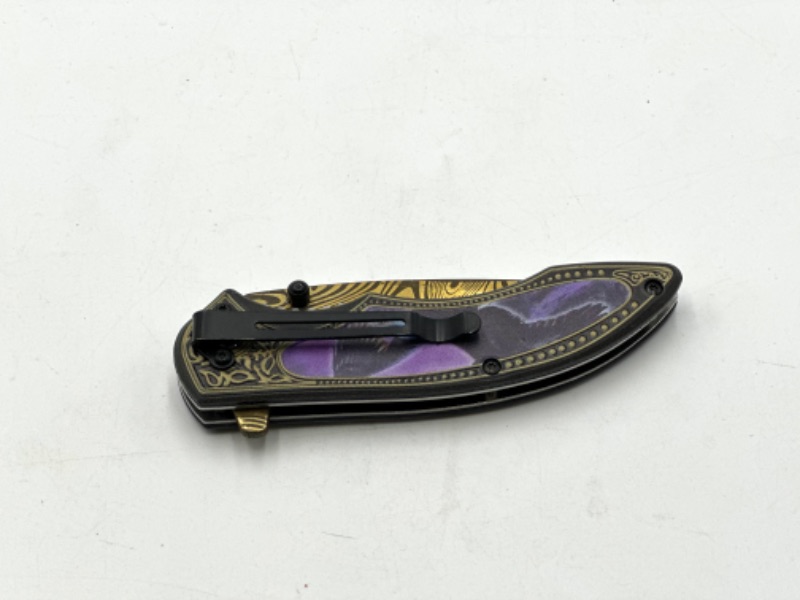 Photo 3 of PURPLE EAGLE DESIGN GOLD OIL SLICK POCKET KNIFE NEW