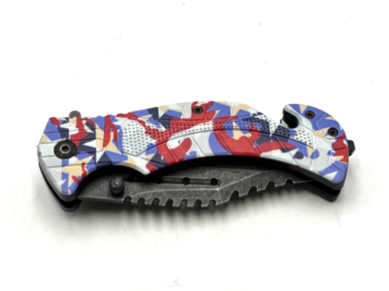 Photo 2 of RED WHITE BLUE CAMO STINGER POCKET KNIFE WITH WINDOW BREAKER AND SEAT BELT CUTTER NEW