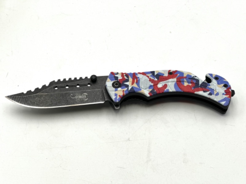 Photo 1 of RED WHITE BLUE CAMO STINGER POCKET KNIFE WITH WINDOW BREAKER AND SEAT BELT CUTTER NEW