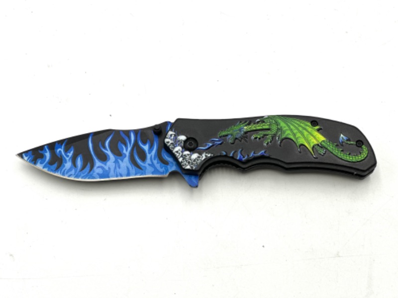 Photo 1 of DRAGON BLUE FLAMES POCKET KNIFE NEW