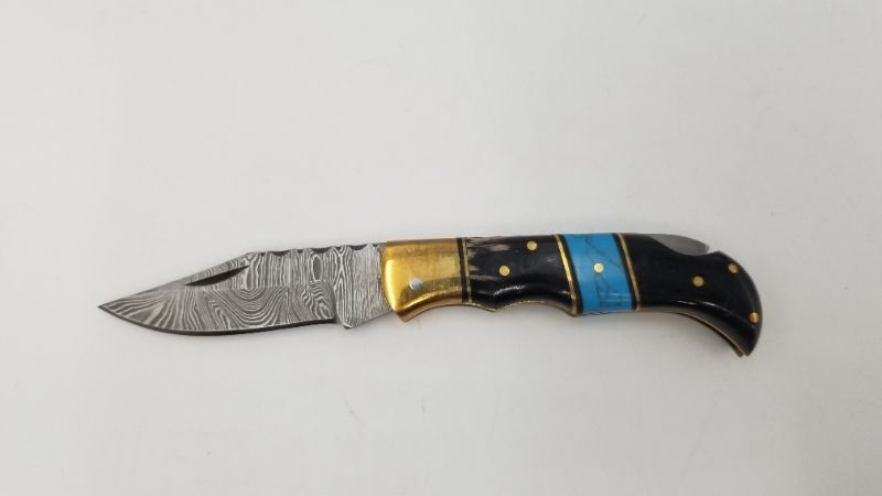 Photo 1 of DAMASCUS STEEL 3.75 INCH TURQUOISE AND HORN POCKET KNIFE WITH CASE NEW