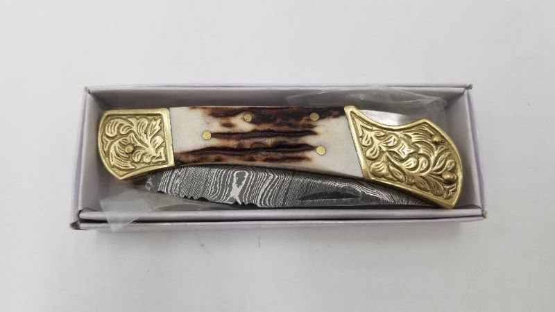 Photo 3 of DAMASCUS 4.25 INCH STAG ENGRAVE BOLS POCKET KNIE NEW 