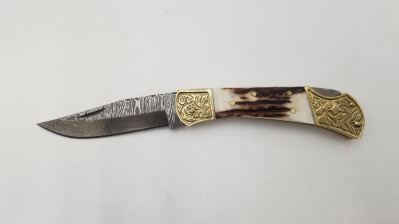 Photo 1 of DAMASCUS 4.25 INCH STAG ENGRAVE BOLS POCKET KNIE NEW 