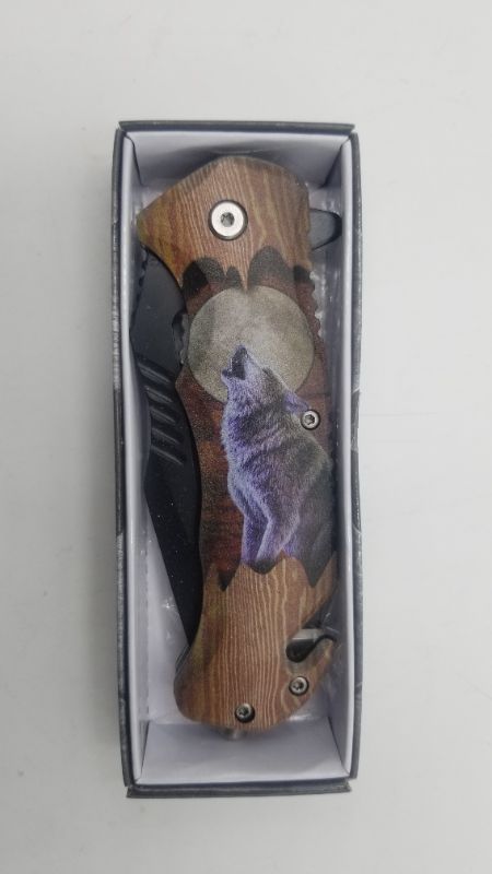 Photo 3 of 8 INCH POCKET KNIFE WITH WOLF AND MOON NEW 