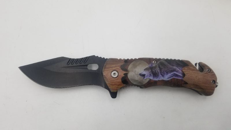 Photo 1 of 8 INCH POCKET KNIFE WITH WOLF AND MOON NEW 