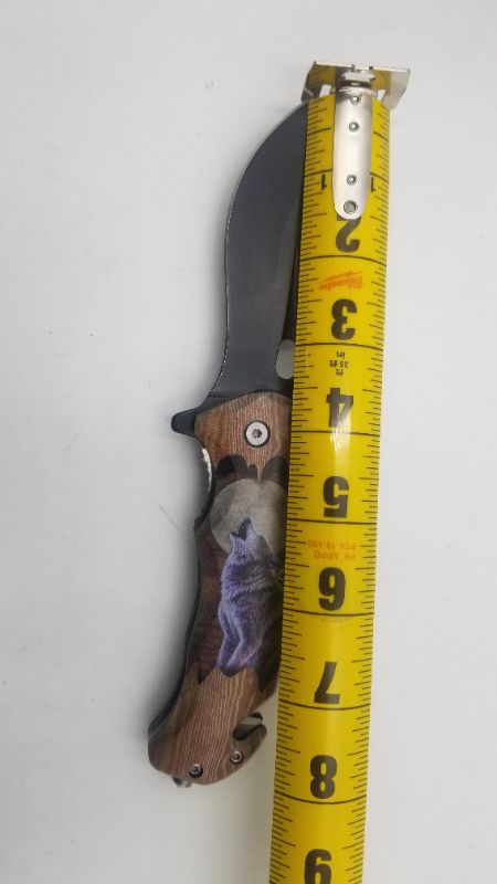 Photo 2 of 8 INCH POCKET KNIFE WITH WOLF AND MOON NEW 