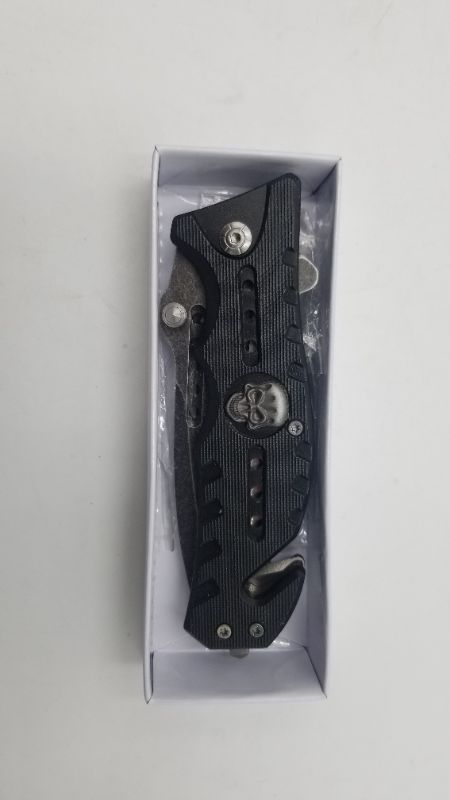 Photo 3 of 8 INCH BLACK AND GREY SKULL STYLE POCKET KNIFE WITH WINDOW BREAKER AND SEATBELT CUTTER NEW 