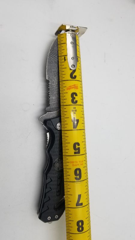 Photo 1 of 8 INCH BLACK AND GREY SKULL STYLE POCKET KNIFE WITH WINDOW BREAKER AND SEATBELT CUTTER NEW 
