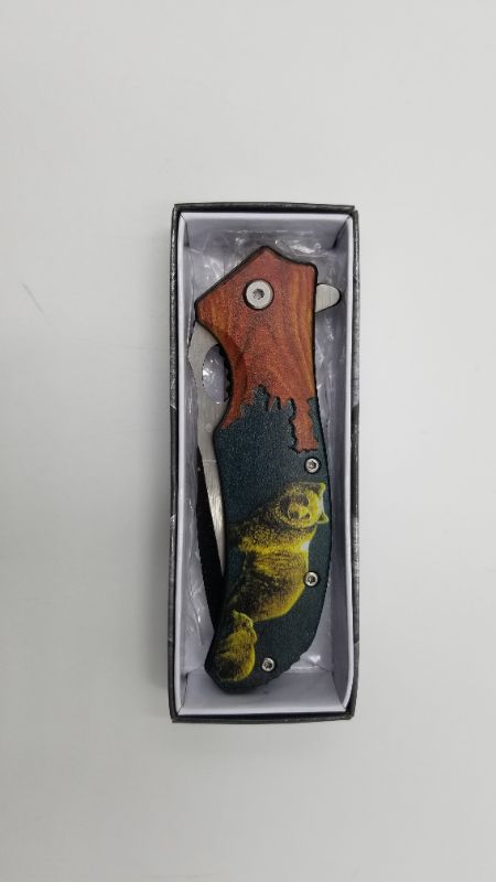 Photo 2 of Rite Edge Spring-Assist Folding Knife | 3.5" Black Blade Wood Handle Roaring Bear