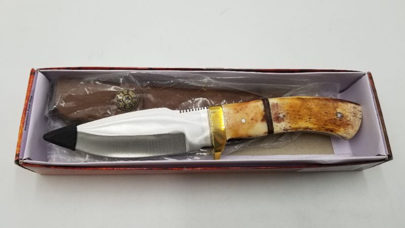 Photo 2 of 8 INCH BURNED BONE HUNTER KNIFE WITH LEATHER SHEATH AND BRASS GUARD NEW 