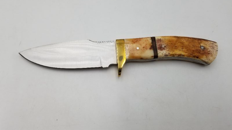 Photo 1 of 8 INCH BURNED BONE HUNTER KNIFE WITH LEATHER SHEATH AND BRASS GUARD NEW 